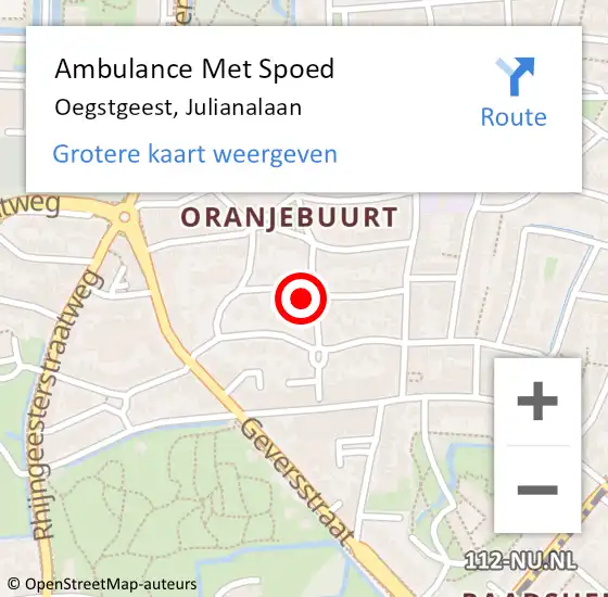 Locatie op kaart van de 112 melding: Ambulance Met Spoed Naar Oegstgeest, Julianalaan op 5 augustus 2017 14:12