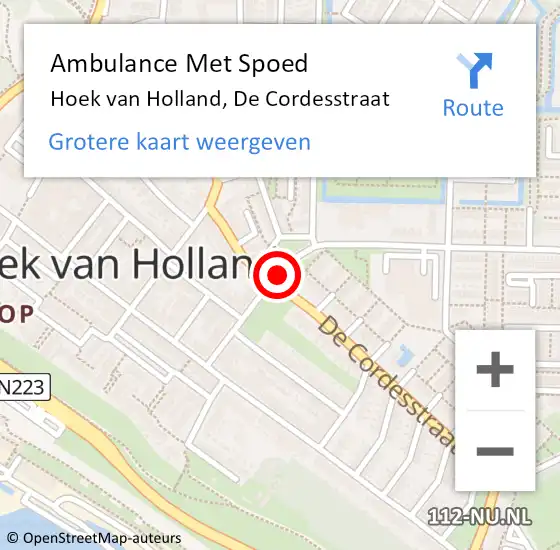 Locatie op kaart van de 112 melding: Ambulance Met Spoed Naar Hoek van Holland, De Cordesstraat op 7 augustus 2017 13:05