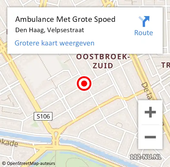 Locatie op kaart van de 112 melding: Ambulance Met Grote Spoed Naar Den Haag, Velpsestraat op 8 augustus 2017 19:55