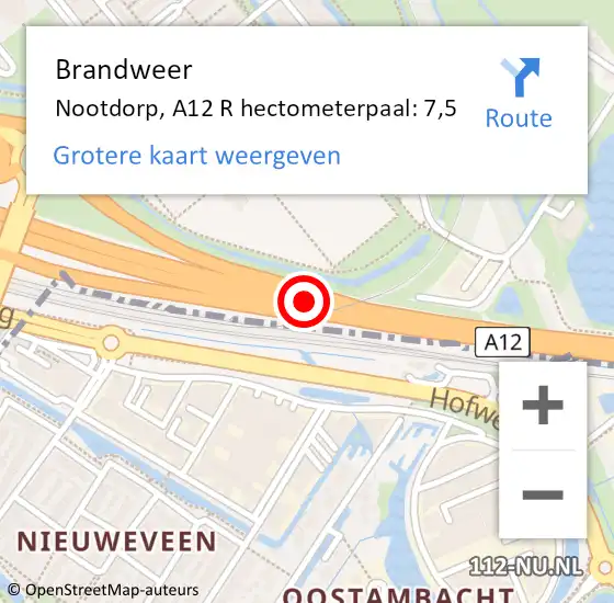 Locatie op kaart van de 112 melding: Brandweer Nootdorp, A12 L hectometerpaal: 8,5 op 9 augustus 2017 00:29