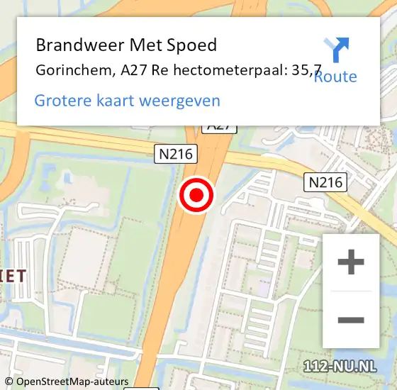 Locatie op kaart van de 112 melding: Brandweer Met Spoed Naar Gorinchem, A27 R hectometerpaal: 34,7 op 9 augustus 2017 09:58
