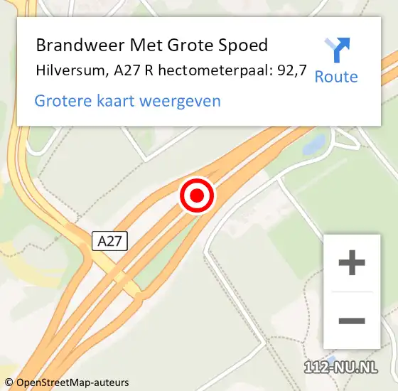 Locatie op kaart van de 112 melding: Brandweer Met Grote Spoed Naar Hilversum, A27 R hectometerpaal: 92,9 op 12 augustus 2017 12:30