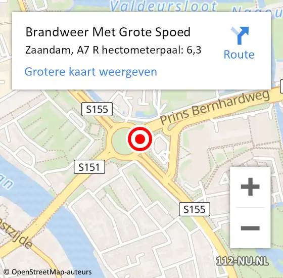 Locatie op kaart van de 112 melding: Brandweer Met Grote Spoed Naar Zaandam, A7 R hectometerpaal: 6,3 op 13 augustus 2017 01:07
