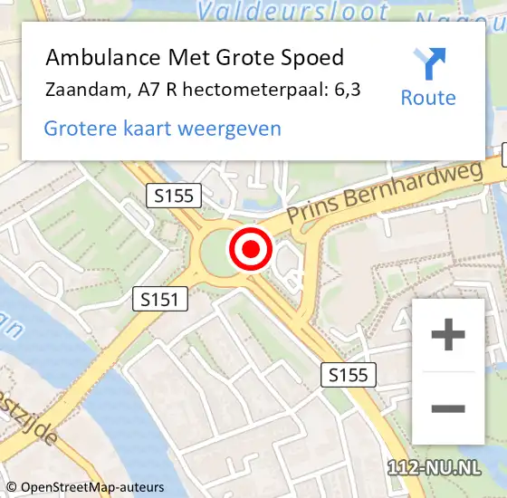 Locatie op kaart van de 112 melding: Ambulance Met Grote Spoed Naar Zaandam, A7 R hectometerpaal: 6,3 op 13 augustus 2017 01:12