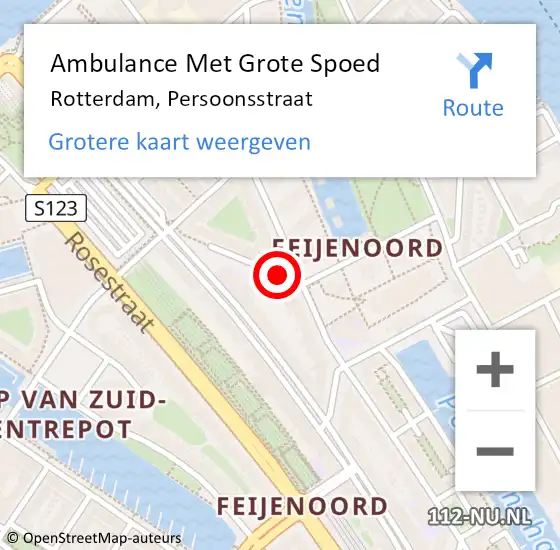Locatie op kaart van de 112 melding: Ambulance Met Grote Spoed Naar Rotterdam, Persoonsstraat op 13 augustus 2017 12:54