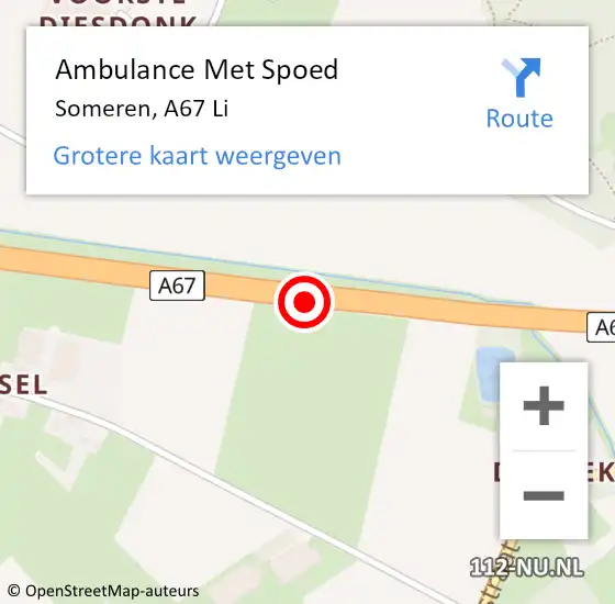 Locatie op kaart van de 112 melding: Ambulance Met Spoed Naar Someren, A67 Li op 17 augustus 2017 10:17