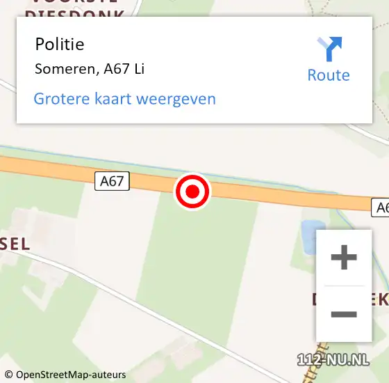 Locatie op kaart van de 112 melding: Politie Someren, A67 Li op 17 augustus 2017 10:23