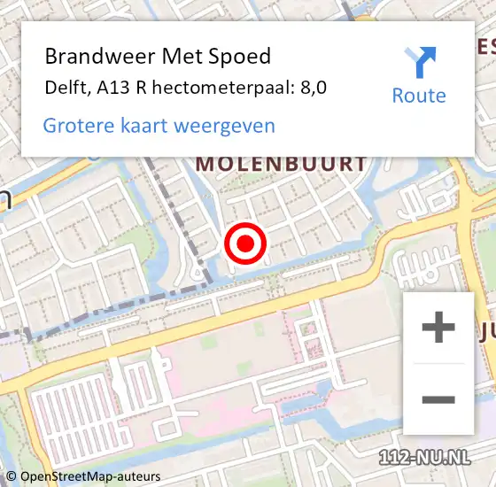 Locatie op kaart van de 112 melding: Brandweer Met Spoed Naar Delft, A13 R hectometerpaal: 8,0 op 17 augustus 2017 21:47