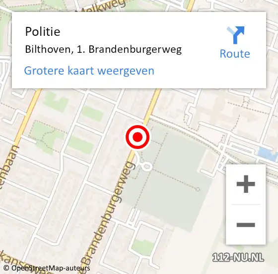 Locatie op kaart van de 112 melding: Politie Bilthoven, 1. Brandenburgerweg op 18 augustus 2017 04:42