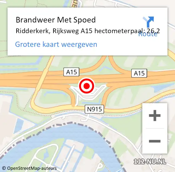 Locatie op kaart van de 112 melding: Brandweer Met Spoed Naar Ridderkerk, Rijksweg A15 hectometerpaal: 26,2 op 19 augustus 2017 01:58