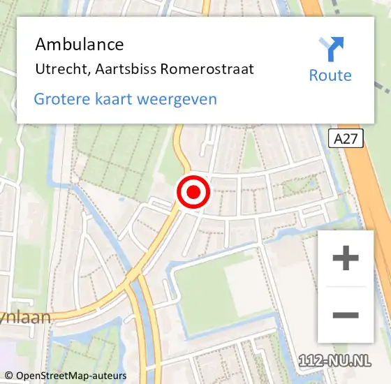Locatie op kaart van de 112 melding: Ambulance Utrecht, Aartsbiss Romerostraat op 20 augustus 2017 05:11