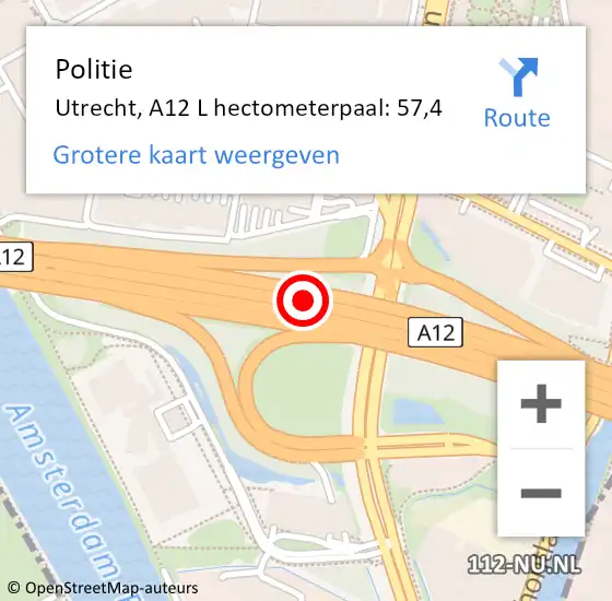 Locatie op kaart van de 112 melding: Politie Utrecht, A12 R hectometerpaal: 58,0 op 21 augustus 2017 13:09