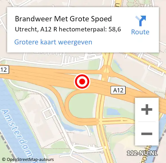Locatie op kaart van de 112 melding: Brandweer Met Grote Spoed Naar Utrecht, A12 R hectometerpaal: 58,8 op 21 augustus 2017 13:16