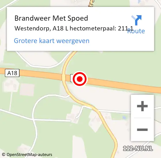 Locatie op kaart van de 112 melding: Brandweer Met Spoed Naar Westendorp, A18 L hectometerpaal: 211,1 op 22 augustus 2017 06:05