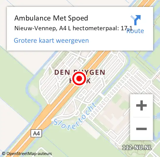 Locatie op kaart van de 112 melding: Ambulance Met Spoed Naar Nieuw-Vennep, A4 L hectometerpaal: 17,1 op 22 augustus 2017 10:50
