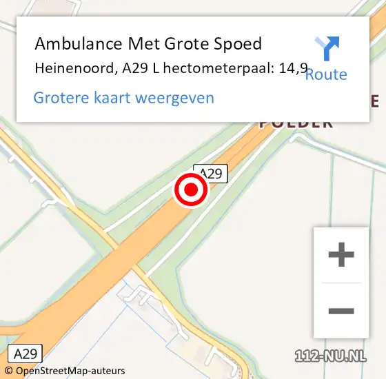 Locatie op kaart van de 112 melding: Ambulance Met Grote Spoed Naar Heinenoord, A29 L hectometerpaal: 14,9 op 23 augustus 2017 09:39