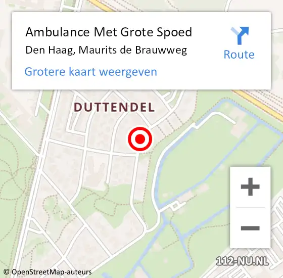 Locatie op kaart van de 112 melding: Ambulance Met Grote Spoed Naar Den Haag, Maurits de Brauwweg op 24 augustus 2017 06:34