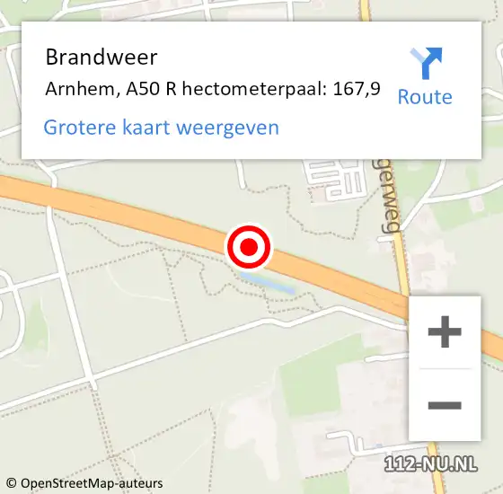 Locatie op kaart van de 112 melding: Brandweer Arnhem, A50 R hectometerpaal: 167,9 op 25 augustus 2017 08:58
