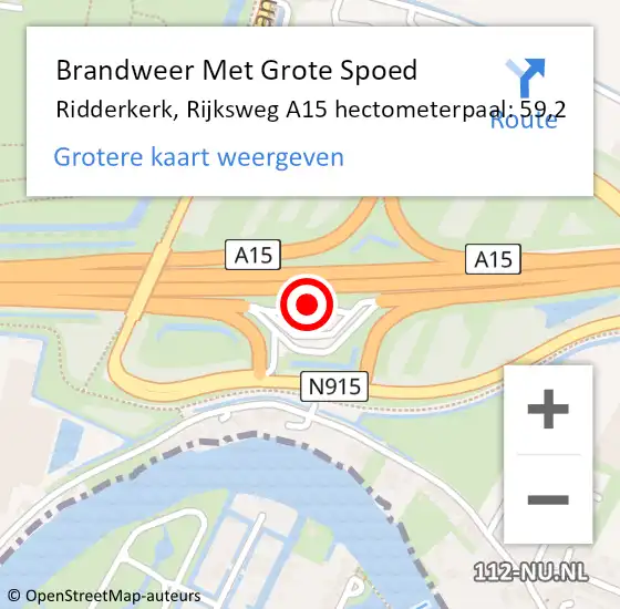 Locatie op kaart van de 112 melding: Brandweer Met Grote Spoed Naar Ridderkerk, Rijksweg A15 hectometerpaal: 59,2 op 27 augustus 2017 02:12