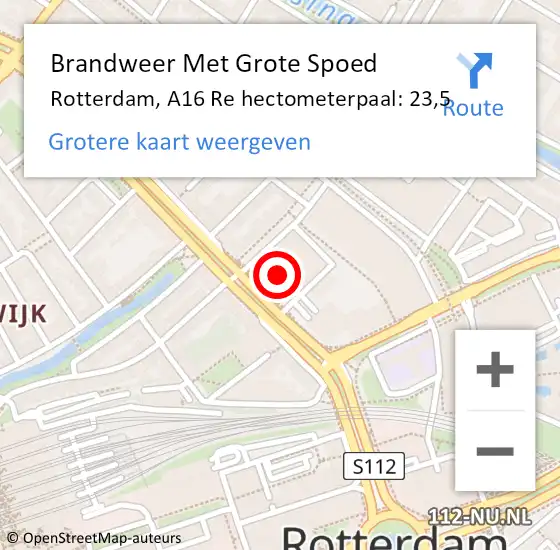 Locatie op kaart van de 112 melding: Brandweer Met Grote Spoed Naar Rotterdam, A16 Re hectometerpaal: 23,5 op 27 augustus 2017 12:35