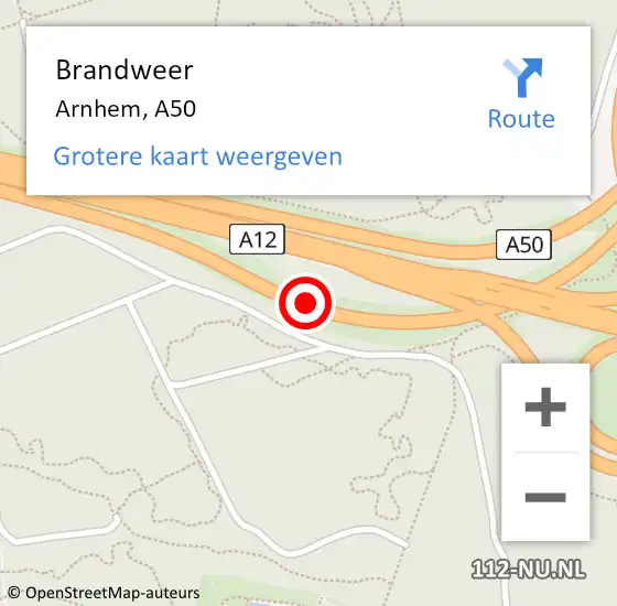 Locatie op kaart van de 112 melding: Brandweer Arnhem, A50 op 29 augustus 2017 16:41