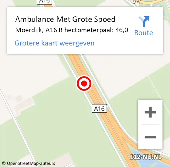 Locatie op kaart van de 112 melding: Ambulance Met Grote Spoed Naar Moerdijk, A16 R hectometerpaal: 46,9 op 30 augustus 2017 06:20