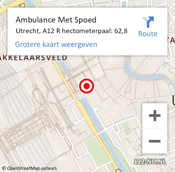 Locatie op kaart van de 112 melding: Ambulance Met Spoed Naar Utrecht, A12 R hectometerpaal: 62,8 op 30 augustus 2017 06:58