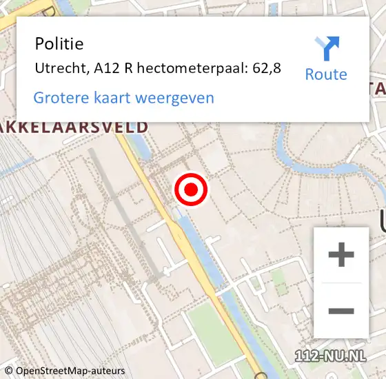 Locatie op kaart van de 112 melding: Politie Utrecht, A12 R hectometerpaal: 62,8 op 30 augustus 2017 06:58