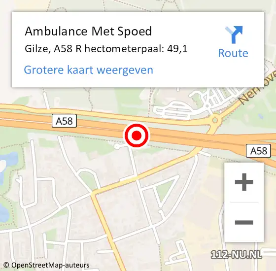Locatie op kaart van de 112 melding: Ambulance Met Spoed Naar Gilze, A58 R hectometerpaal: 49,7 op 30 augustus 2017 17:35
