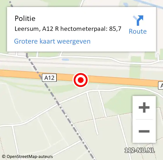 Locatie op kaart van de 112 melding: Politie Leersum, A12 R hectometerpaal: 85,7 op 2 september 2017 14:59