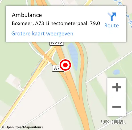 Locatie op kaart van de 112 melding: Ambulance Boxmeer, A73 Li hectometerpaal: 79,0 op 4 september 2017 20:27