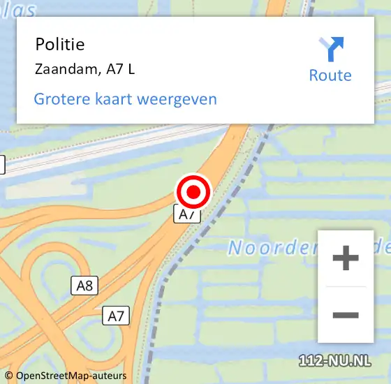 Locatie op kaart van de 112 melding: Politie Zaandam, A7 L op 5 september 2017 10:50
