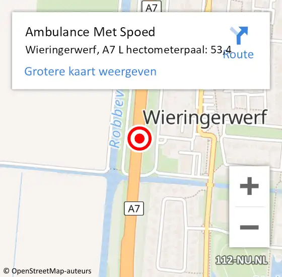 Locatie op kaart van de 112 melding: Ambulance Met Spoed Naar Wieringerwerf, A7 R hectometerpaal: 53,4 op 5 september 2017 15:06