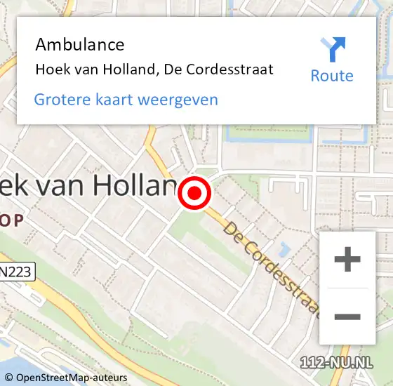 Locatie op kaart van de 112 melding: Ambulance Hoek van Holland, De Cordesstraat op 6 september 2017 09:03