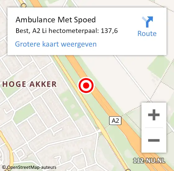 Locatie op kaart van de 112 melding: Ambulance Met Spoed Naar Best, A2 Li hectometerpaal: 140,0 op 9 september 2017 08:33
