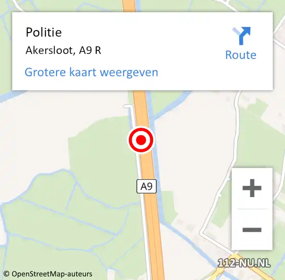 Locatie op kaart van de 112 melding: Politie Akersloot, A9 R op 12 september 2017 07:00