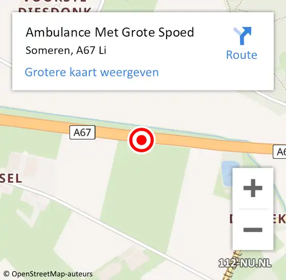 Locatie op kaart van de 112 melding: Ambulance Met Grote Spoed Naar Someren, A67 Li op 12 september 2017 07:14