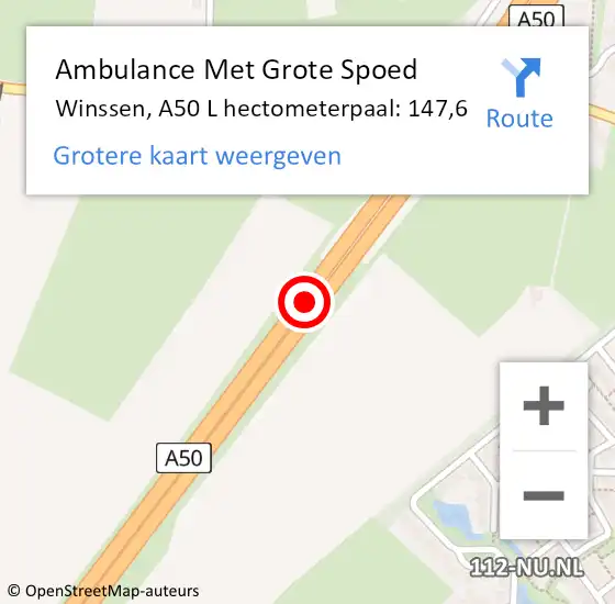 Locatie op kaart van de 112 melding: Ambulance Met Grote Spoed Naar Winssen, A50 L hectometerpaal: 147,6 op 12 september 2017 08:16
