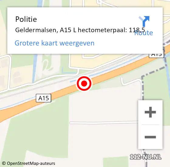 Locatie op kaart van de 112 melding: Politie Geldermalsen, A15 R op 12 september 2017 18:36