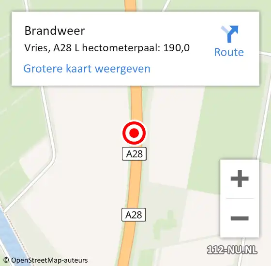 Locatie op kaart van de 112 melding: Brandweer Vries, A28 L hectometerpaal: 190,0 op 13 september 2017 11:06