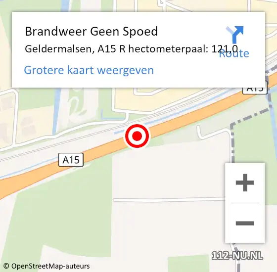 Locatie op kaart van de 112 melding: Brandweer Geen Spoed Naar Geldermalsen, A15 R hectometerpaal: 121,0 op 14 september 2017 20:04