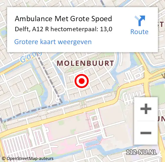 Locatie op kaart van de 112 melding: Ambulance Met Grote Spoed Naar Delft, A12 R hectometerpaal: 13,0 op 15 september 2017 16:50