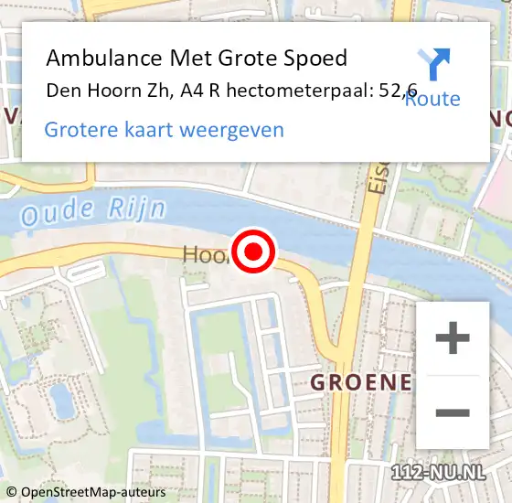 Locatie op kaart van de 112 melding: Ambulance Met Grote Spoed Naar Den Hoorn Zh, A4 R hectometerpaal: 52,6 op 15 september 2017 22:25