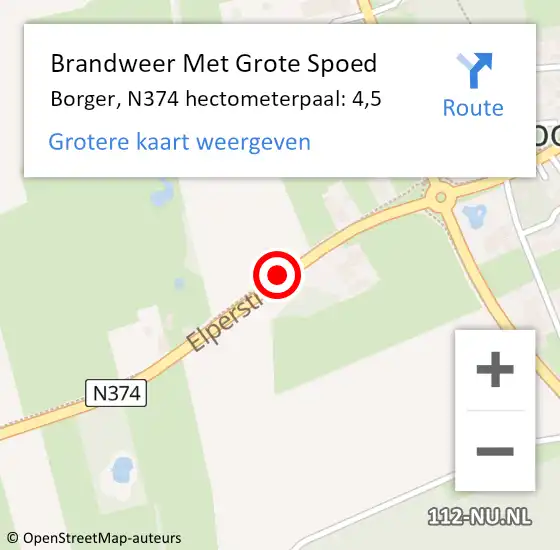 Locatie op kaart van de 112 melding: Brandweer Met Grote Spoed Naar Borger, N374 hectometerpaal: 4,5 op 1 februari 2014 18:56