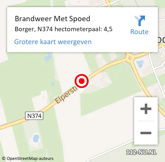 Locatie op kaart van de 112 melding: Brandweer Met Spoed Naar Borger, N374 hectometerpaal: 4,5 op 1 februari 2014 20:57