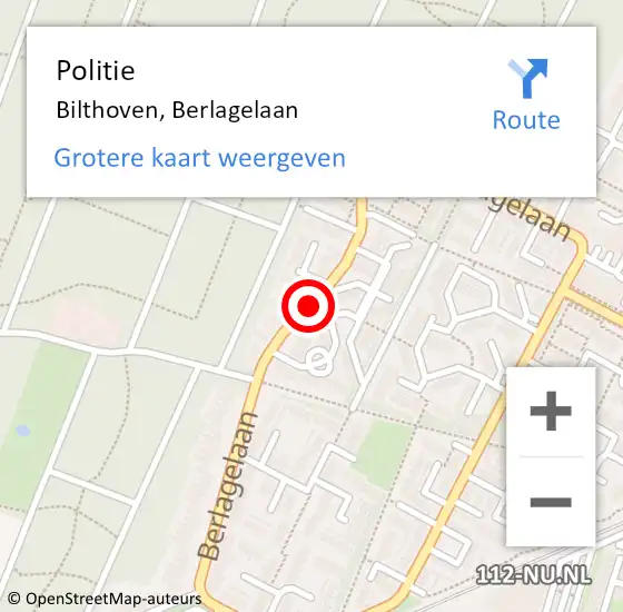Locatie op kaart van de 112 melding: Politie Bilthoven, Berlagelaan op 19 september 2017 15:05