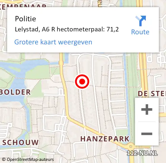 Locatie op kaart van de 112 melding: Politie Lelystad, A6 R hectometerpaal: 88,6 op 19 september 2017 15:56