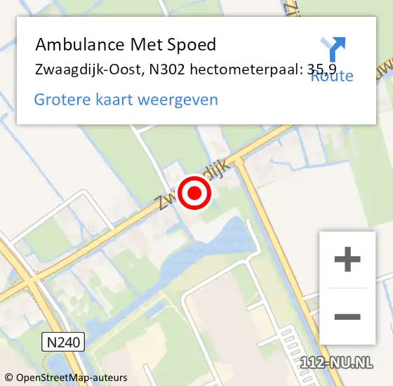 Locatie op kaart van de 112 melding: Ambulance Met Spoed Naar Zwaagdijk-Oost, N302 hectometerpaal: 35,9 op 19 september 2017 17:41
