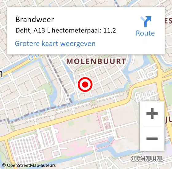 Locatie op kaart van de 112 melding: Brandweer Delft, A13 L hectometerpaal: 11,2 op 19 september 2017 19:11