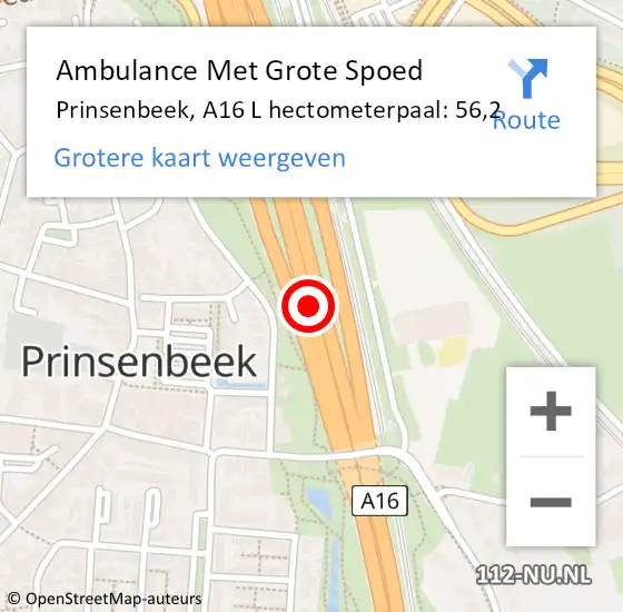 Locatie op kaart van de 112 melding: Ambulance Met Grote Spoed Naar Prinsenbeek, A16 L hectometerpaal: 56,2 op 19 september 2017 22:12